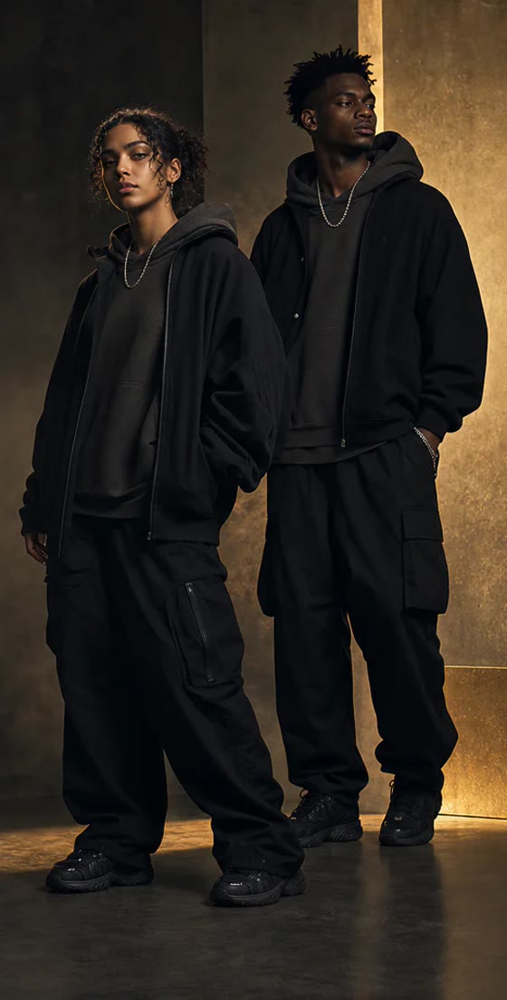 Outerwear set, gold-lit concrete